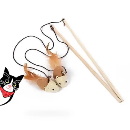 اسباب بازی گربه میله طرح موش دو رنگ پردار و زنگوله دار