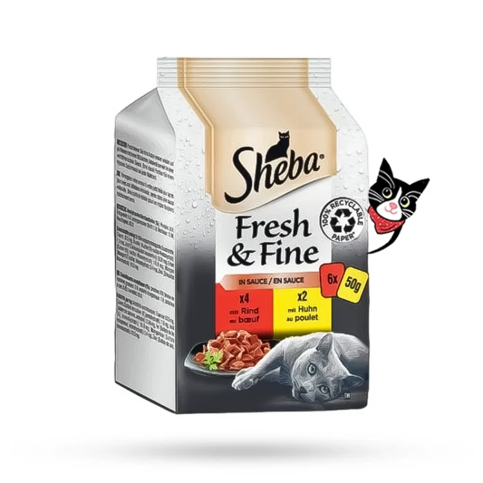 مولتی پک پوچ گربه شبا با طعم گوشت گاو و مرغ ( پک 6 عددی ) - Sheba cat Pouch multipack with Beef and Chicken