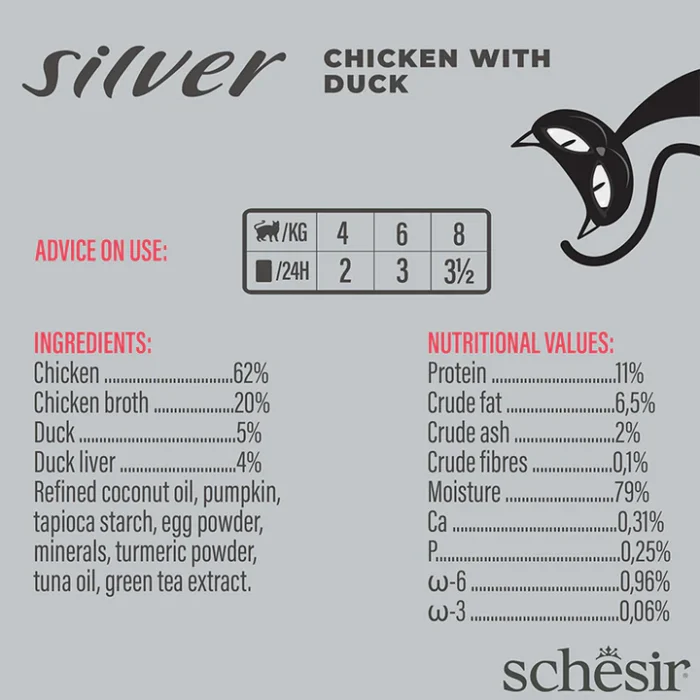 کنسرو گربه شسیر سنیور سیلور طعم مرغ و اردک - Schesir senior silver chicken & Duck