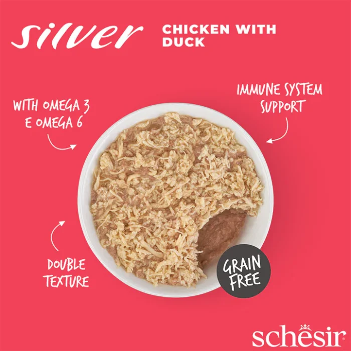 کنسرو گربه شسیر سنیور سیلور طعم مرغ و اردک - Schesir senior silver chicken & Duck