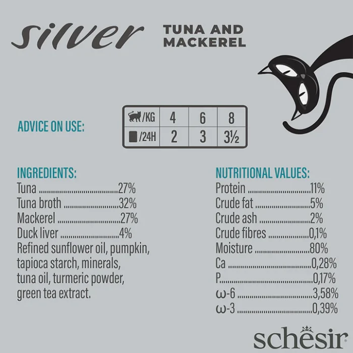 کنسرو گربه شسیر سنیور سیلور طعم ماهیتن و ماهی خال مخالی - Schesir senior silver Tuna & Mackerel