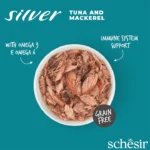 کنسرو گربه شسیر سنیور سیلور طعم ماهیتن و ماهی خال مخالی - Schesir senior silver Tuna & Mackerel