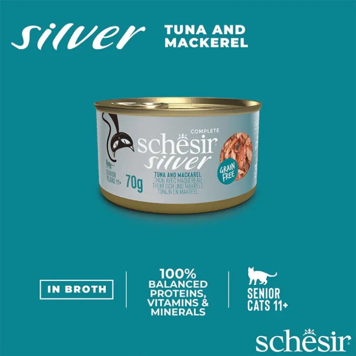 کنسرو گربه شسیر سنیور سیلور طعم ماهیتن و ماهی خال مخالی - Schesir senior silver Tuna & Mackerel